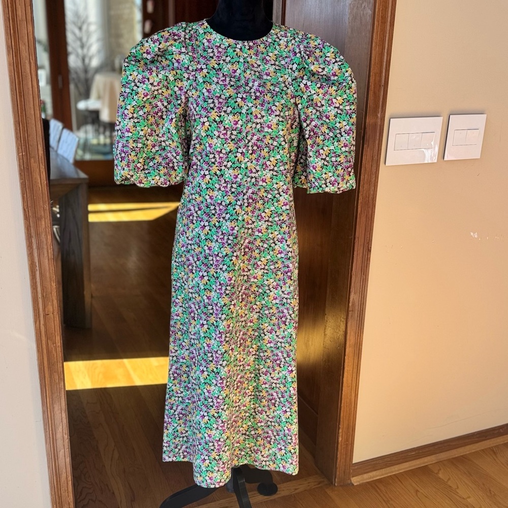 H&M Calf-length floral Balloon-sleeved dress in cotton poplin